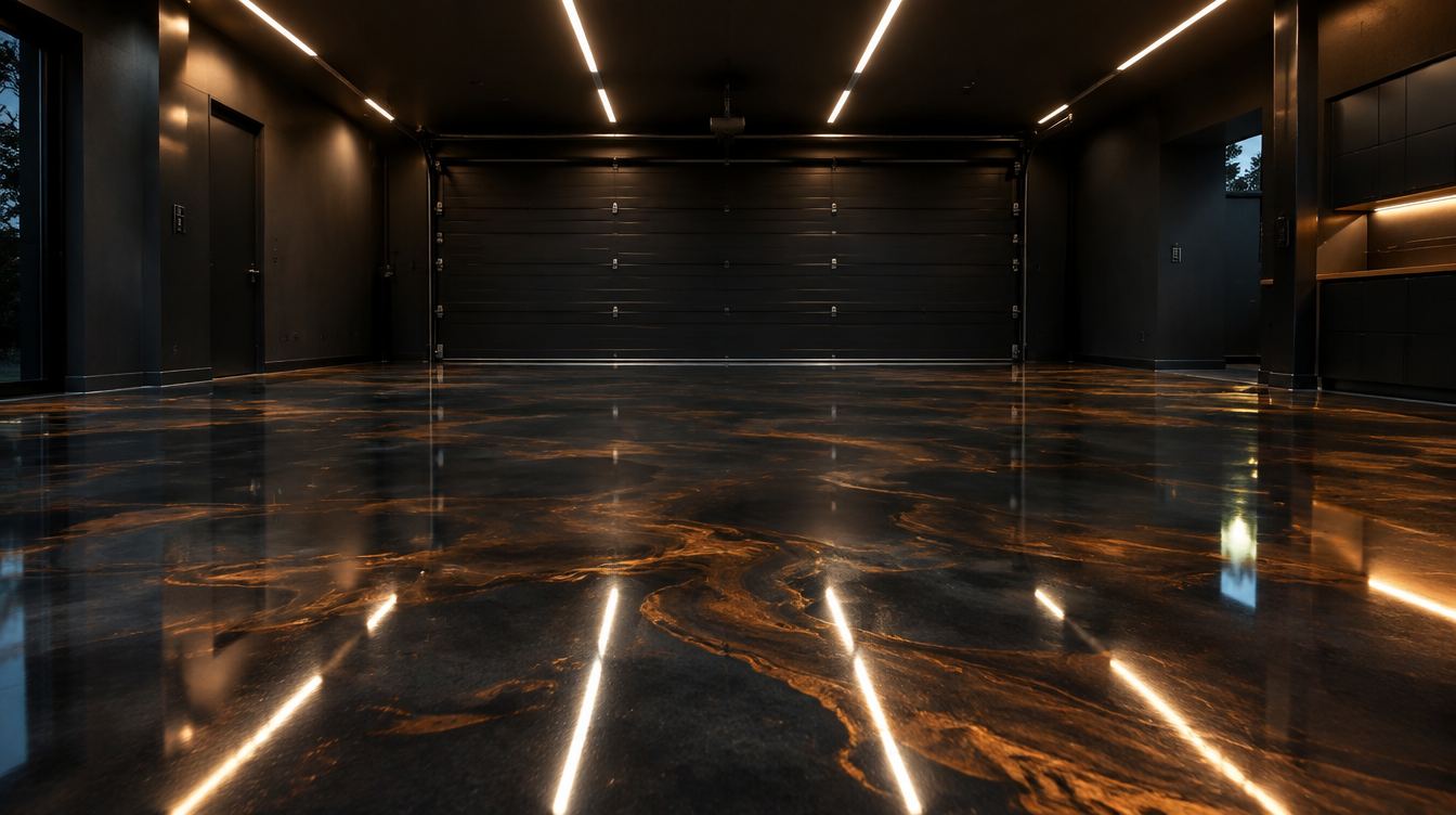 A dark garage with a high-gloss charcoal and copper metallic epoxy floor reflecting the ceiling lights